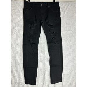 Hyper Denim Slim Fit Distressed Jeans Black  Size 36 Zipper Leg